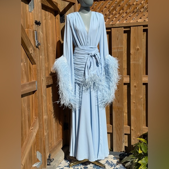 🆕 BRONX & BANCO 🧿 NWOT Geisha Feather-Trim Maxi Dress, Powder Blue - Sz M US 6 - Picture 4 of 16